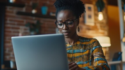 African American woman analyzing financial data on laptop screen