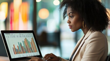 African American woman analyzing financial data on laptop screen