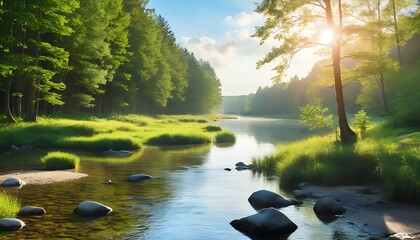 Peaceful beauty of forest and stream, natural scenery under bridge and sunshine