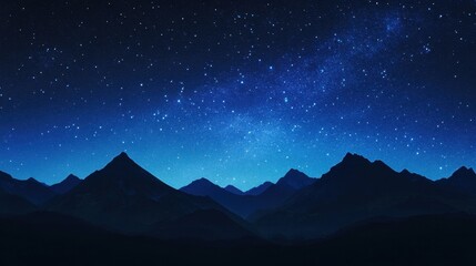 A gradient of blue sky blending into a starry galaxy, with a silhouette of mountains in the foreground.