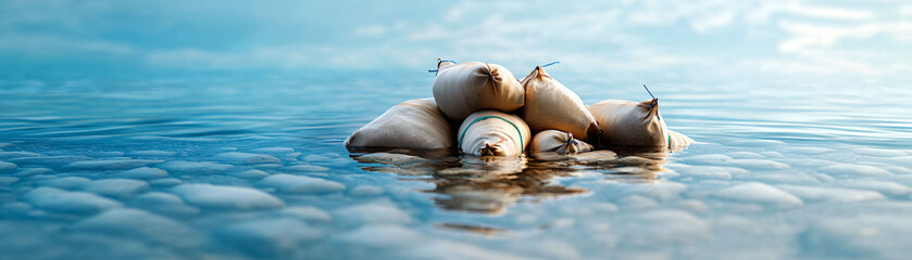 Poster - Abstract image of sandbags submerged in water, creating serene and tranquil scene. calm water reflects sky, enhancing peaceful atmosphere