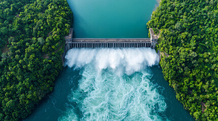 aerial view of large dam acting as flood barrier, with water cascading down and surrounded by lush g