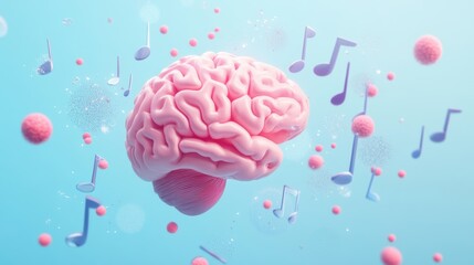 Poster - This visual conveys the relationship between the human brain and music, set against a calming pastel blue backdrop filled with notes. Generative AI