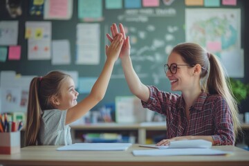 Cheerful European female teacher giving a high five to a pupil girl sitting at a desk, highlighting education and learning