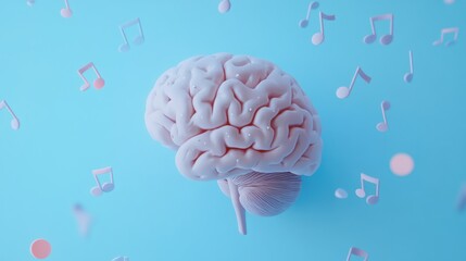 Poster - This artwork showcases a human brain amidst floating musical notes on a soothing pastel blue background, illustrating music's cognitive influence. Generative AI