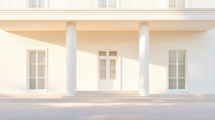 The front of a large white building with a white door and two pillars