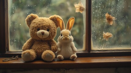 Poster - Best friends teddy bear and bunny toy cuddle on a brown window sill staring out into the world through a vintagetoned window creating a warm Friendship Day moment of love and care