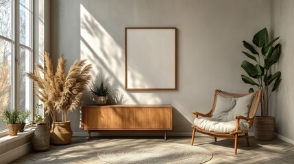 Poster - Blank poster frame mockup a smooth white wall in a minimalist living room complemented by a wooden sideboard and a small green plant highlighting simplicity and style