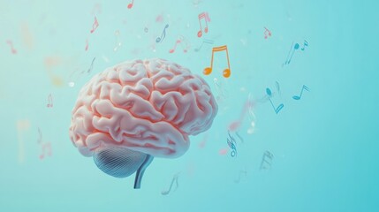 Poster - The image features a human brain immersed in vibrant musical notes and melodies against a calming pastel blue backdrop, representing creativity. Generative AI