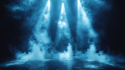 Poster - Blue stage lights shine down through ethereal clouds of smoke a dark black backdrop casting dynamic shadows and setting the perfect scene for an intense and atmospheric show