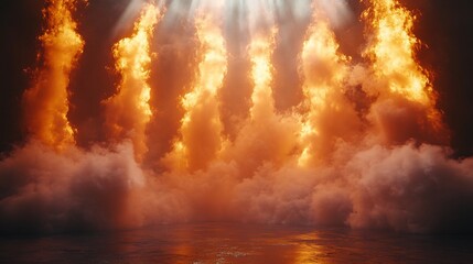 Poster - Bright golden spotlights illuminate misty air with thick waves of smoke curling across the stage set against a jetblack background creating a striking contrast for a bold visual effect