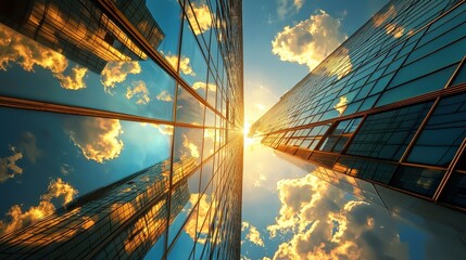 Poster - Modern Office Building with Mirrored Facade and Clouds