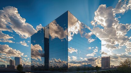 Poster - Sleek Mirrored Office Building against Dramatic Sky