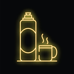 Poster - Glowing neon line thermos and cup icon isolated on black background. Vector illustration