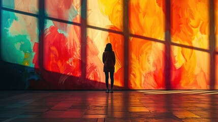 A person standing in front of a bright, colorful mural, with dramatic lighting creating deep shadows