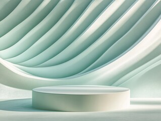 Poster - Abstract and modern design featuring flowing lines and a circular platform against a soft, muted background, perfect for presentations or displays.