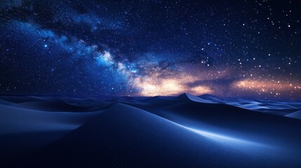 Wall Mural - Bright stars and a glowing Milky Way galaxy above a serene desert, with sand dunes reflecting the starlight.