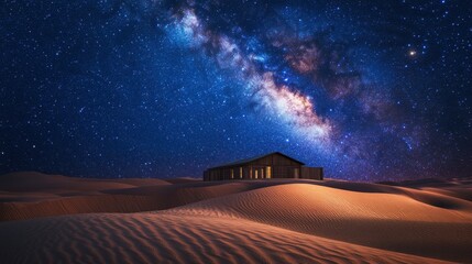 Wall Mural - Bright stars and a glowing Milky Way galaxy above a serene desert, with sand dunes reflecting the starlight.