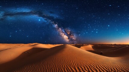 Wall Mural - Bright stars and a glowing Milky Way galaxy above a serene desert, with sand dunes reflecting the starlight.