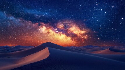 Wall Mural - Bright stars and a glowing Milky Way galaxy above a serene desert, with sand dunes reflecting the starlight.