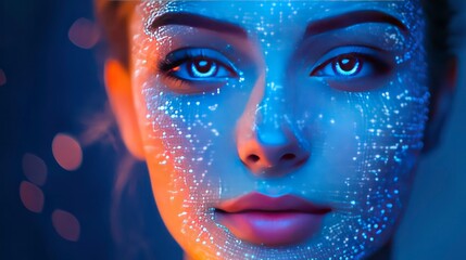 Poster - Close-up portrait of a woman with glowing skin and white eyes.