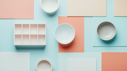 Poster - Simple Flat Lay of Geometric Objects on Colorful Background