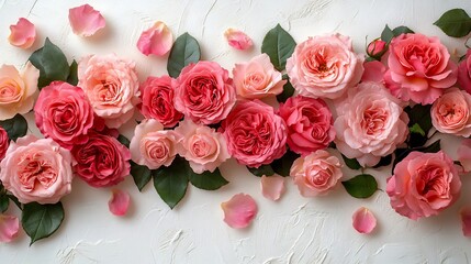 Fototapete - Closeup of vibrant pink roses full bloom their petals artistically arranged around the edge of a white table The flat lay design creates a floral frame with empty space at the center
