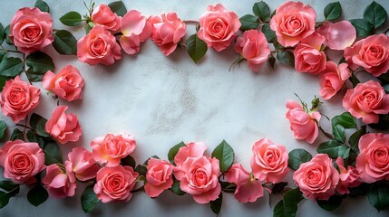 Fototapete - Closeup of vibrant pink roses full bloom their petals artistically arranged around the edge of a white table The flat lay design creates a floral frame with empty space at the center