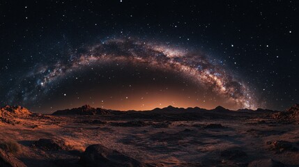 The Milky Way galaxy arching over a desert landscape, with stars illuminating the barren terrain.