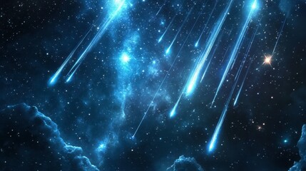 Wall Mural - The night sky with a meteor shower, streaks of light passing through a star-filled galaxy.