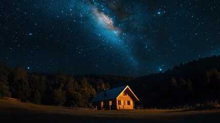 Wall Mural - The night sky with bright stars and galaxy bands above an isolated cabin, casting a magical light on the surroundings.