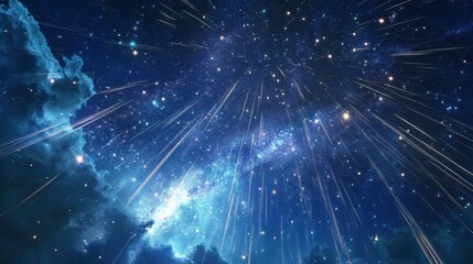 Wall Mural - The night sky with a meteor shower, streaks of light passing through a star-filled galaxy.