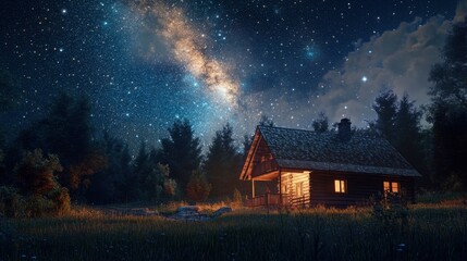 Wall Mural - The night sky with bright stars and galaxy bands above an isolated cabin, casting a magical light on the surroundings.