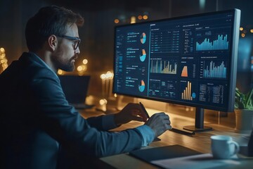 A businessman using a KPI dashboard, analyzing financial data with metrics connected to track revenue, operations, and sales