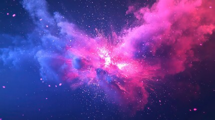 Poster - a vibrant, cosmic explosion of pink and blue hues with sparkling particles against a dark background