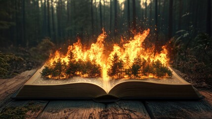 A forest aflame grows from the pages of an open book, illustrating the destructive power of knowledge.