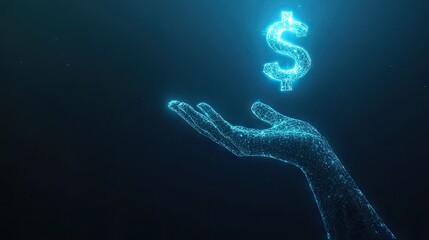 Poster - a glowing dollar symbol floating above a digital hand on a dark blue background, representing financ