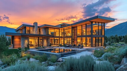 Sticker - A luxurious modern home with large glass windows, framed by a twilight sky and mountain views, blending luxury with nature.