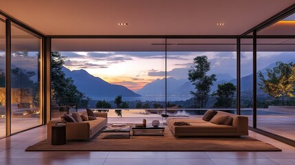 Sticker - A luxurious modern home with large glass windows, framed by a twilight sky and mountain views, blending luxury with nature.