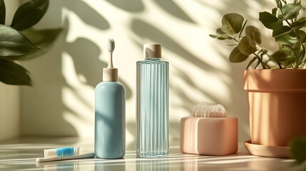 Poster - Dental hygiene tools including toothbrush floss and mouthwash displayed on a light clean background with soft shadows creating a modern and hygienic atmosphere for oral care promotion