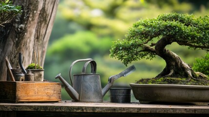 Poster - A serene bonsai garden with ancient trees and delicate pruning tools, Bonsai shears and watering cans set up for nurturing, Natural photo of