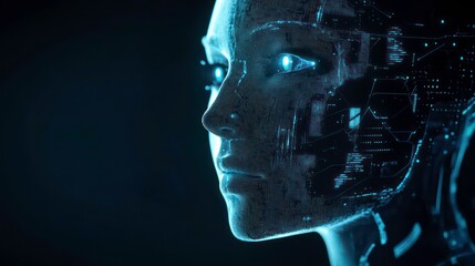 Aufkleber - A close-up of a woman's face with glowing blue eyes, her skin replaced with intricate circuit boards.