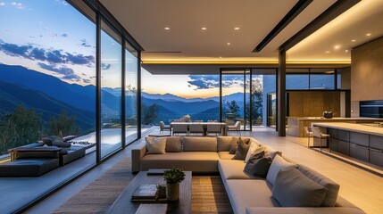 Sticker - A modern luxury home with large windows, overlooking a breathtaking mountain view at twilight, blending design with nature.