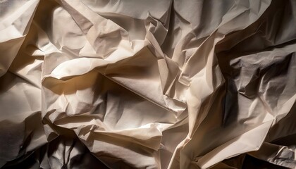 Aufkleber - Textured Beige Crumpled Paper Background. Abstract Wrinkled Surface with Light and Shadow Play, Ideal for Graphic Design, Packaging Mockups, or Natural Eco Themed Presentations