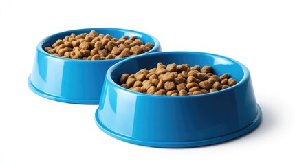 Wall Mural - A pair of blue dog bowls, one full of dry food and the other empty, highlighting pet care and feeding time.