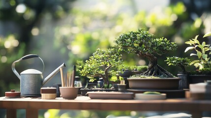 Poster - A serene bonsai garden with meticulously arranged miniature trees, Bonsai tools and watering cans set up for care, Classic photo of