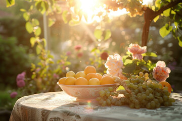 An elegant table set outdoors with a bowl of fresh fruits like grapes and oranges, glowing under the soft rays of the morning sun in a peaceful garden