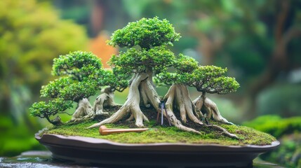 Poster - A serene bonsai garden with meticulously pruned miniature trees, Bonsai tools and watering cans set up for cultivation, Classic photo of