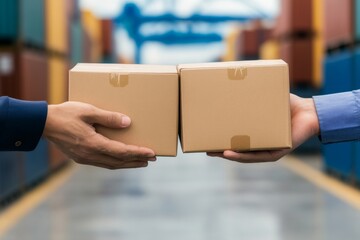 Two hands exchanging cardboard boxes in a warehouse setting.