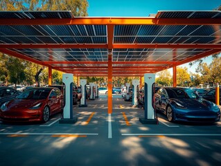 Electric Cars Charging at Solar-Powered Station in Modern Parking Lot